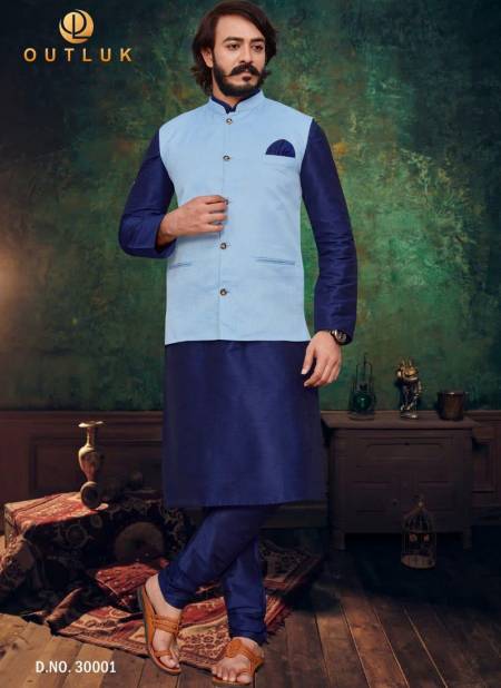 Sky Blue Colour Exclusive Art Silk Festive Wear Kurta Pajama With Jacket Mens Collection 30001